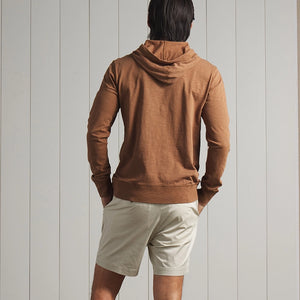 Model Wearing Grayers Sunwashed slub jersey hoodie in rubber color, rear  view