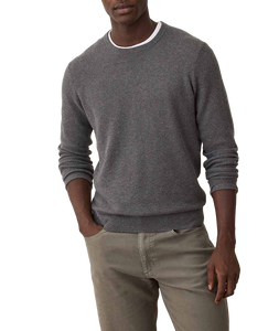 Man wearing Sweater Tee in Charcoal, close-up front view with hand in pocket - The Simple Man