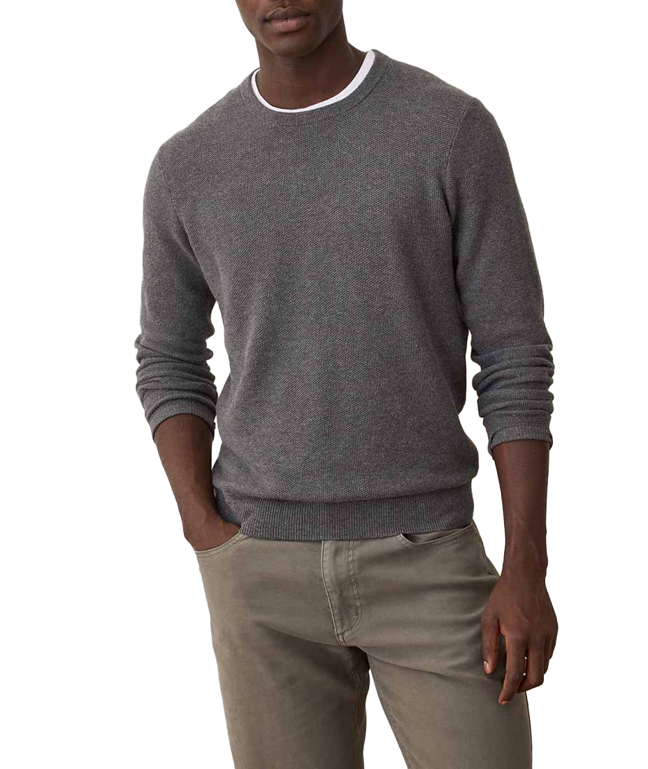 Man wearing Sweater Tee in Charcoal, close-up front view with hand in pocket - The Simple Man