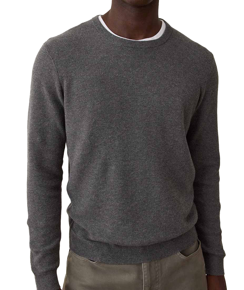 Man wearing Sweater Tee in Charcoal, close-up front view showing crew neck and textured knit - The Simple Man