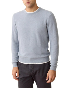Men’s crew neck sweater tee in Misty Heather with relaxed fit, worn over a white base layer