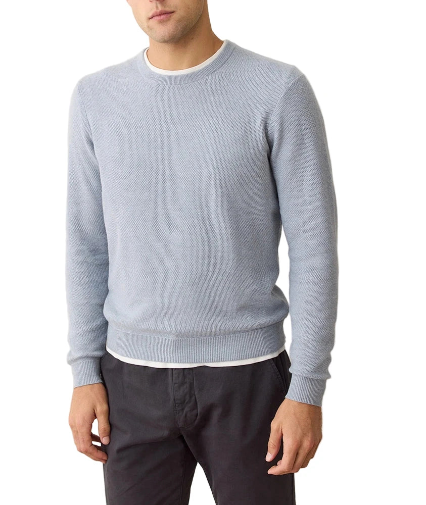 Men’s crew neck sweater tee in Misty Heather with relaxed fit, worn over a white base layer
