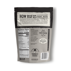 Back of the 9oz Sweet & Smoky peanuts pouch showing the ingredient list and nutrition facts panel