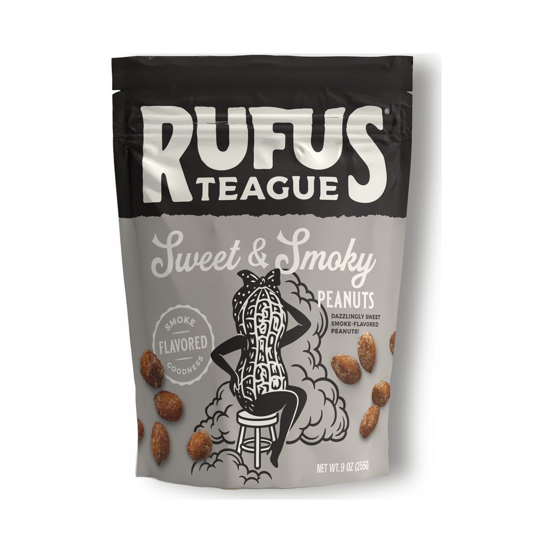 Front of the 9oz Sweet & Smoky peanuts pouch in gray and black with a peanut character on a stool