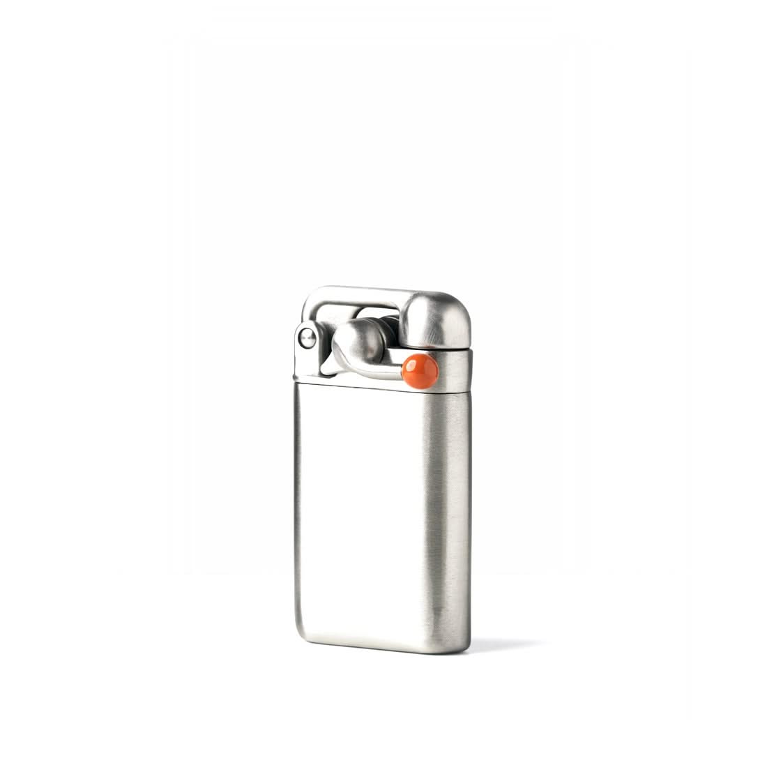 Stainless steel Swingtop Lighter with orange flint wheel, front view - The Simple Man