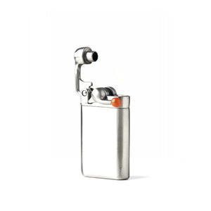 Stainless steel Swingtop Lighter with the top swung open and flame lit - The Simple Man
