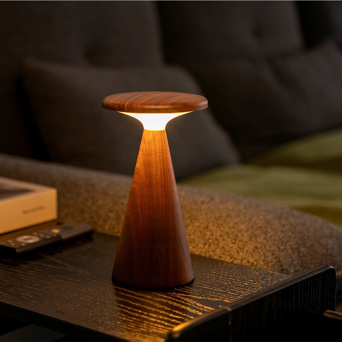 Gingko Sylva Table Lamp large walnut warm white glow lit up
