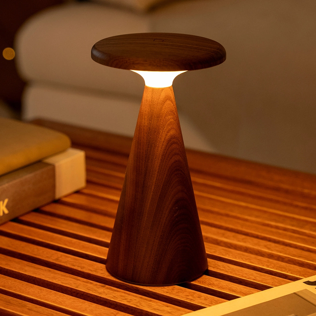 Gingko Sylva Table Lamp large in American walnut on shelf