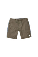  Flat lay of Theo gravel brown men's swim trunk with striped sides and tie waist – classic retro boardshorts from The Simple Man