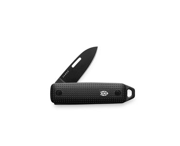 The James Brand Elko slip joint knife open -- Black + Black colorway all-black aluminum handle and blade keychain EDC knife front view