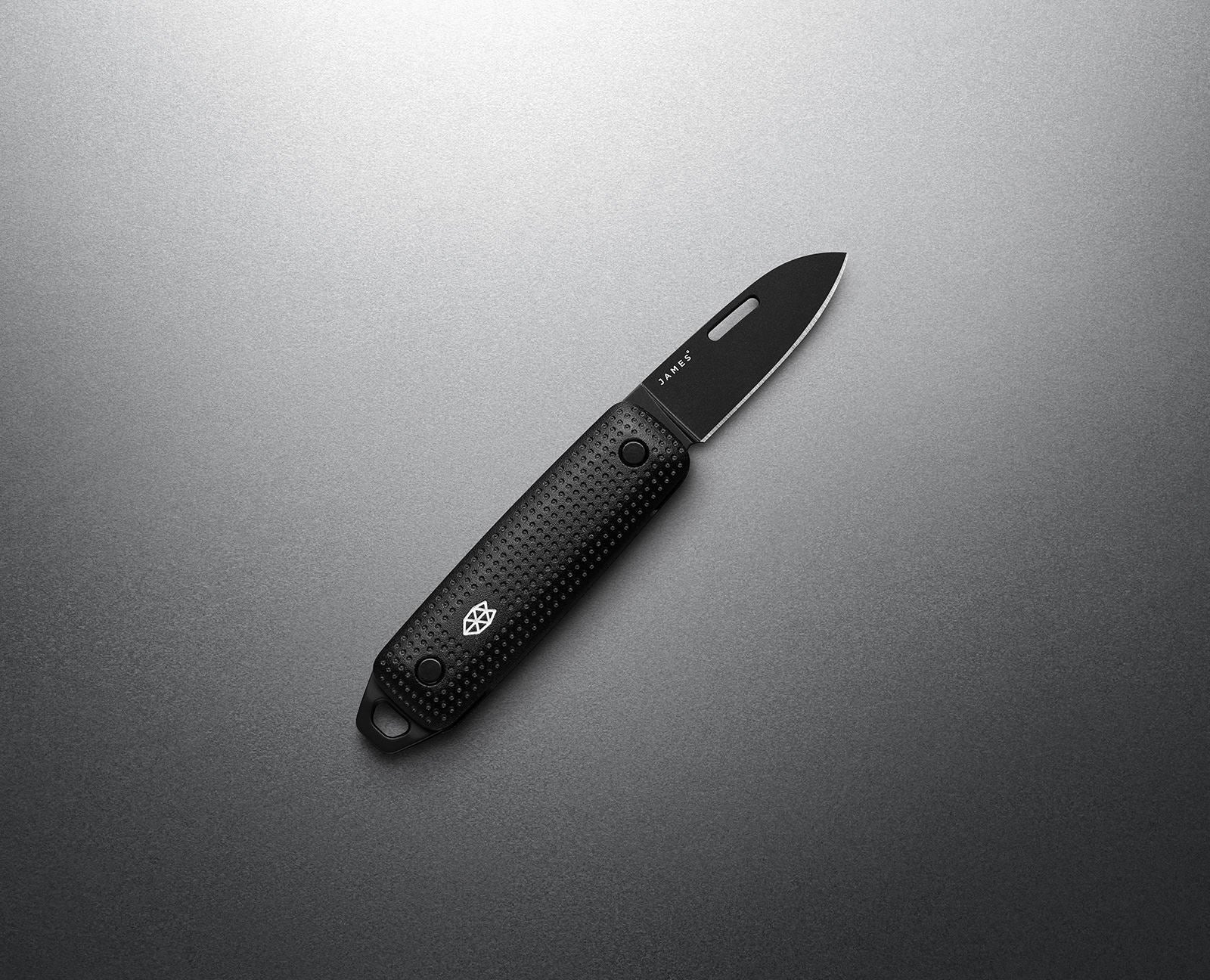 The James Brand Elko Black + Black EDC knife -- all-black machined aluminum handle and blade angle view keychain pocket knife