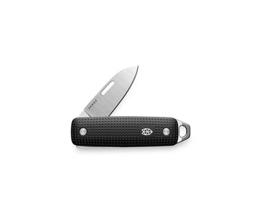 The James Brand Elko slip joint knife open -- Black + Stainless colorway black aluminum handle stainless blade front view