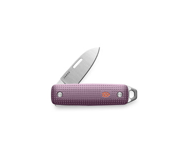 The James Brand Elko slip joint knife open -- Pink Haze colorway pink aluminum handle stainless blade front view keychain EDC knife