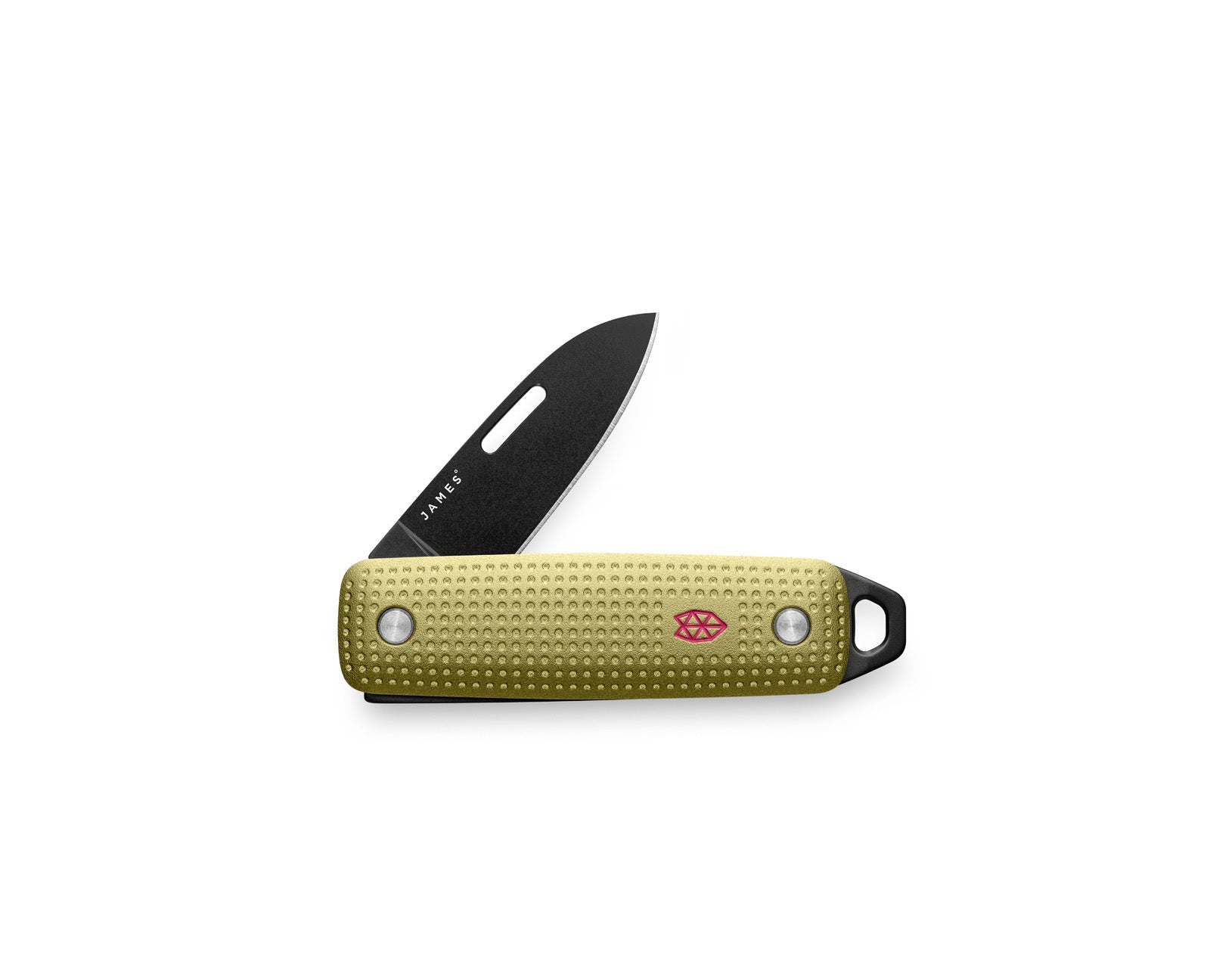 The James Brand Elko slip joint knife open -- Butter + Black colorway butter yellow aluminum handle black blade front view keychain EDC