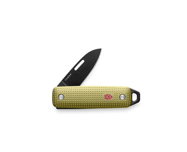 The James Brand Elko slip joint knife open -- Butter + Black colorway butter yellow aluminum handle black blade front view keychain EDC