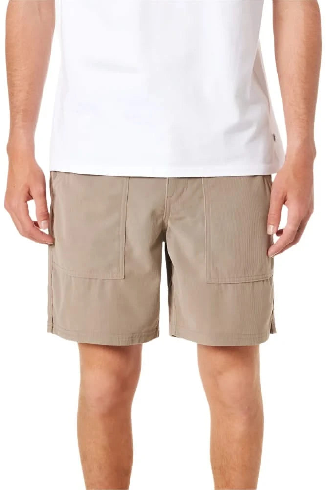 Front view of men’s Trails Corduroy Shorts in khaki with patch pockets and zip fly