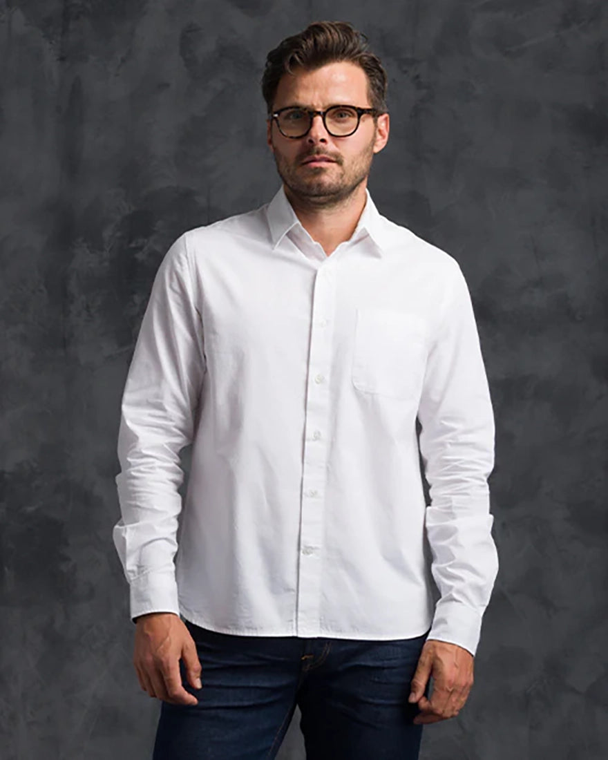Ace Rivington Tailored Poplin Shirt White – front view on model wearing men's slim fit cotton poplin long sleeve button down with spread collar