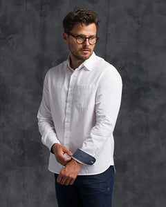 Ace Rivington Tailored Poplin Shirt White – 3/4 front view on model wearing men's slim fit cotton poplin long sleeve button down with spread collar