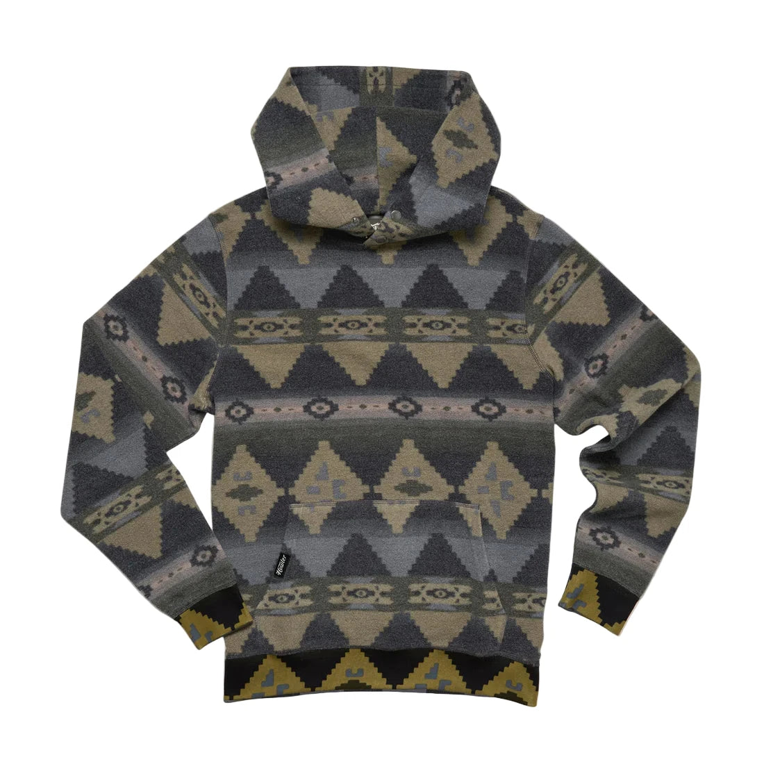 Flat lay of full Tajima Hoodie with Mitla pattern – rugged reverse printed fleece hoodie for men, sold at The Simple Man Omaha