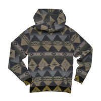 Flat lay of full Tajima Hoodie with Mitla pattern – rugged reverse printed fleece hoodie for men, sold at The Simple Man Omaha