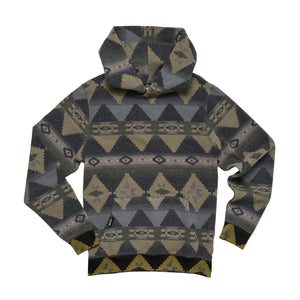 Flat lay of full Tajima Hoodie with Mitla pattern – rugged reverse printed fleece hoodie for men, sold at The Simple Man Omaha
