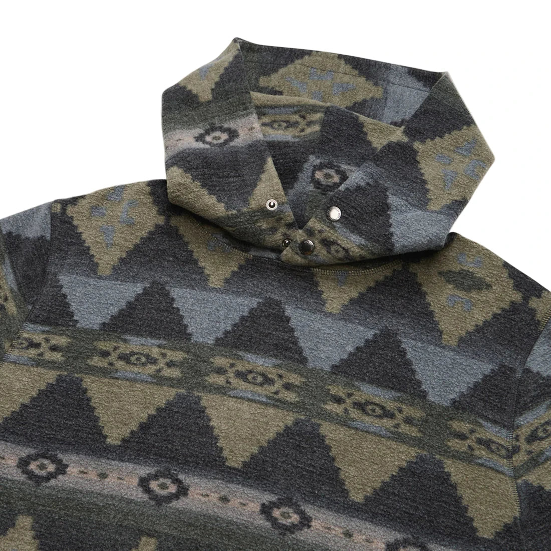 Flat lay of Tajima Hoodie snap hood – detailed view of Howler Brothers metal snap closure and fleece construction