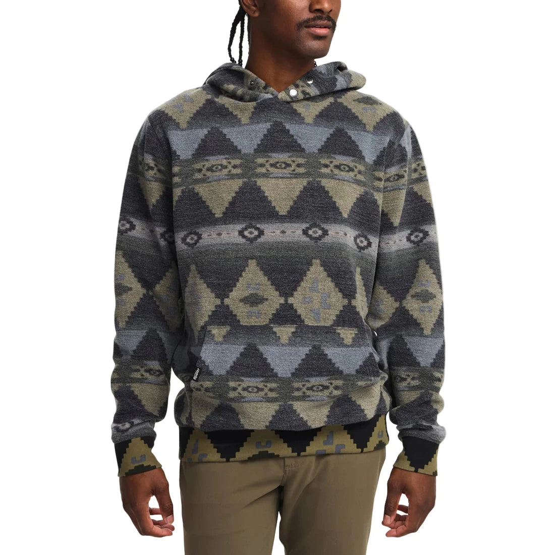 Front view of Tajima Hoodie on model – tribal print cotton-poly hoodie for men with kangaroo pocket and custom snaps