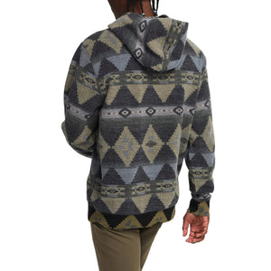 Back view of the Tajima Hoodie showing full Mitla motif print – men's patterned fleece hoodie with snap hood