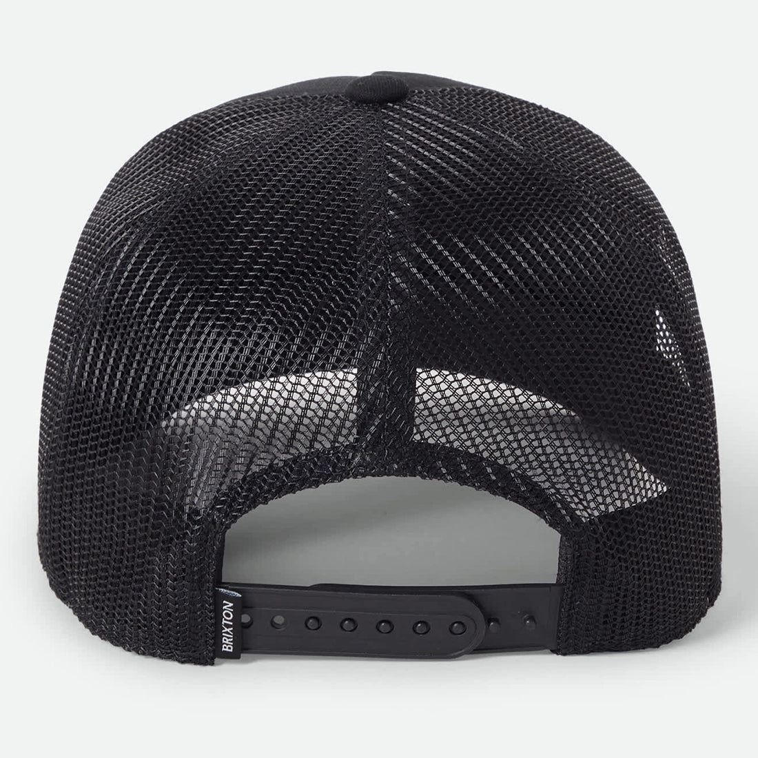 Brixton Take It Easy Washed Black trucker hat back view — all black breathable mesh back and adjustable plastic snapback closure