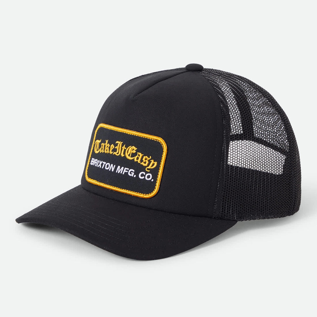 Brixton Take It Easy Netplus Trucker Hat Washed Black — all black curved bill mesh back gold Take It Easy patch men's snapback hat