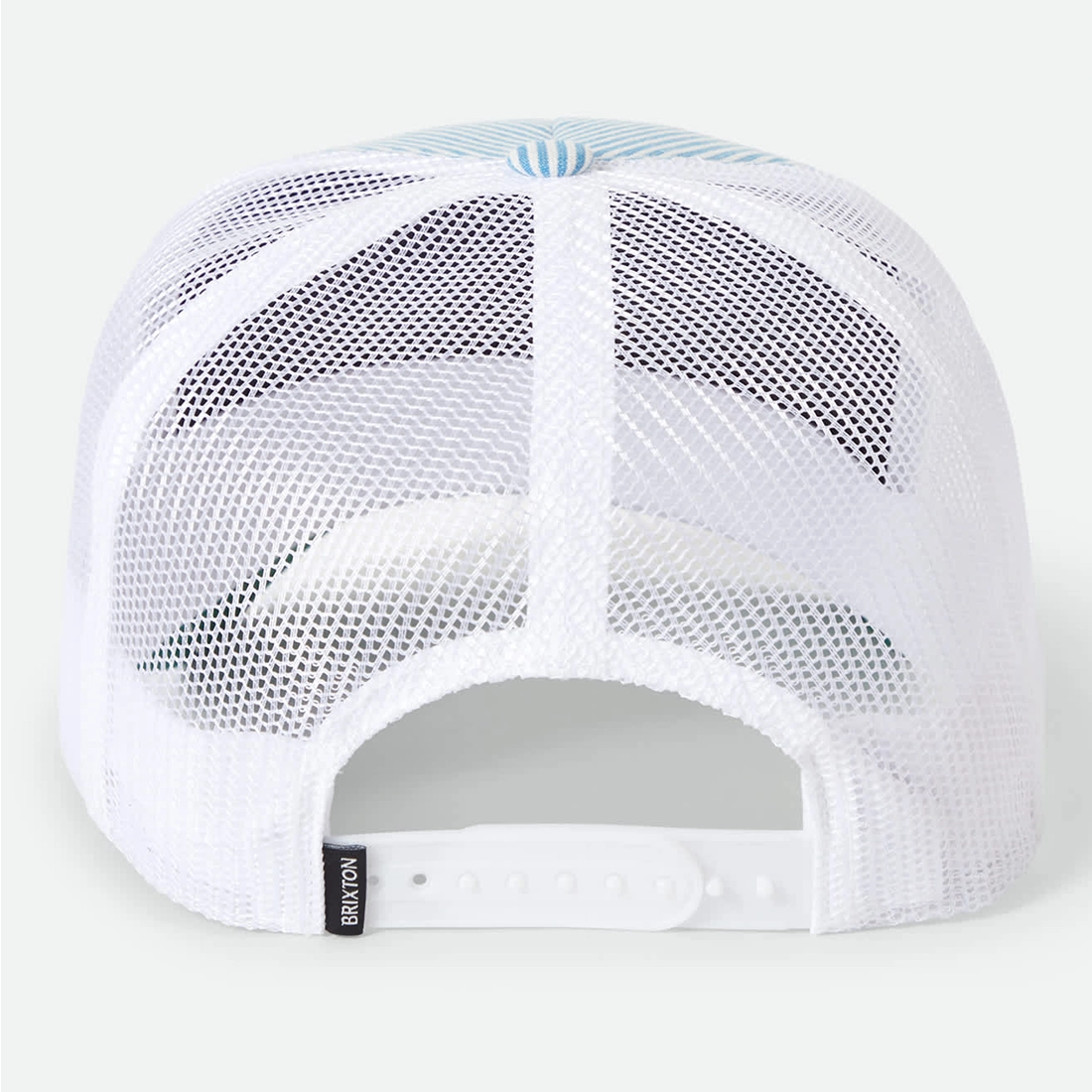 Brixton Take It Easy trucker hat back view — white breathable mesh back and adjustable plastic snapback closure