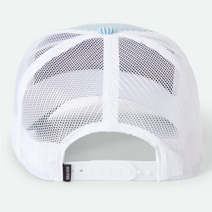 Brixton Take It Easy trucker hat back view — white breathable mesh back and adjustable plastic snapback closure