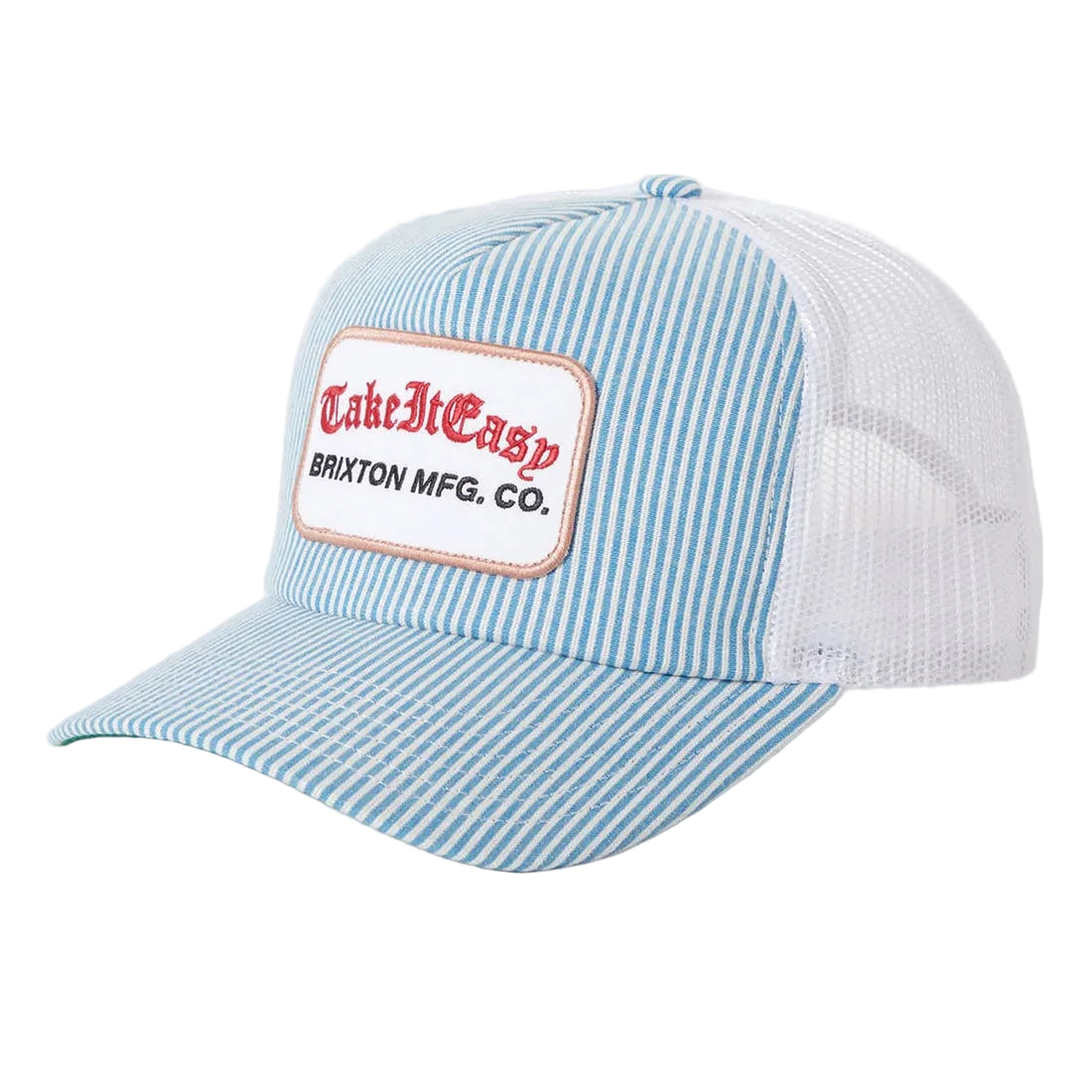 Brixton Take It Easy Netplus Trucker Hat Two Boot Stripe — blue white hickory stripe curved bill white mesh back men's snapback hat