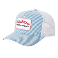 Brixton Take It Easy Netplus Trucker Hat Two Boot Stripe — blue white hickory stripe curved bill white mesh back men's snapback hat