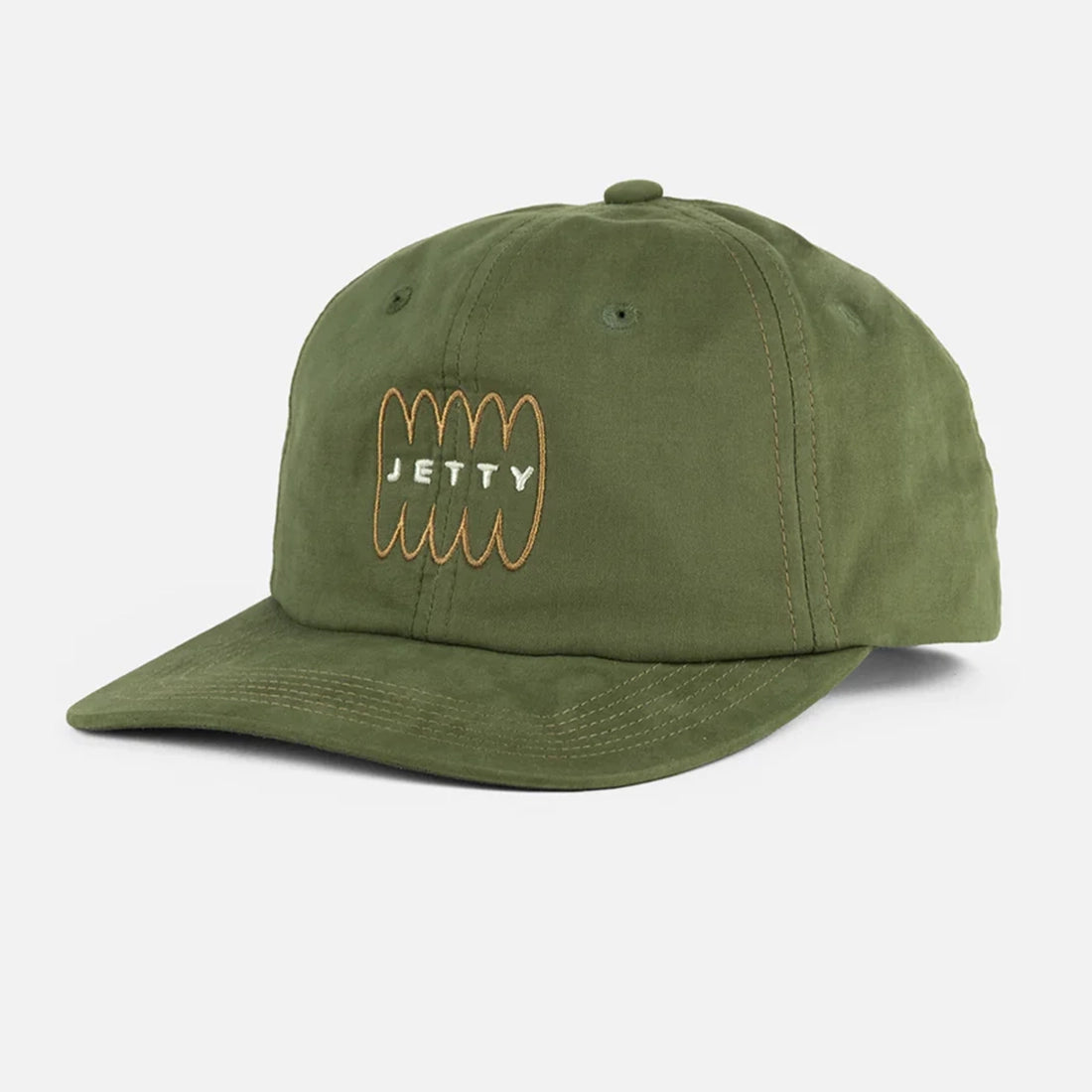 Jetty Tangent olive cotton snapback hat front view with embroidered logo