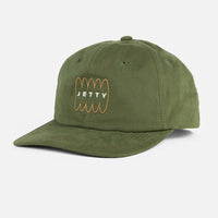 Jetty Tangent olive cotton snapback hat front view with embroidered logo