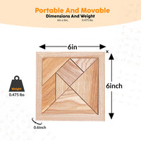Natural wood Tangram puzzle in a 6-inch square frame with labeled dimensions and 0.475-pound weight displayed