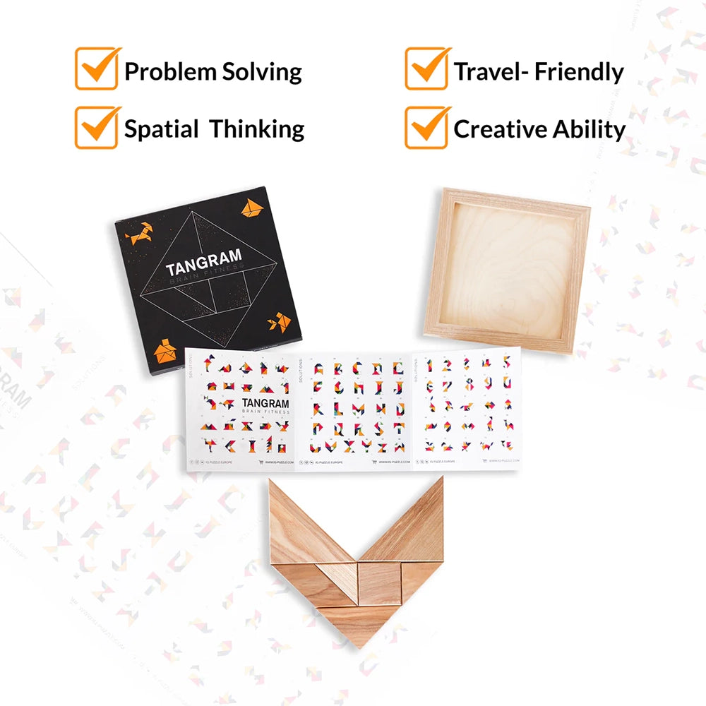 Wooden Tangram puzzle set with booklet and storage tray shown alongside icons highlighting problem-solving, spatial thinking, creativity, and travel-friendly use