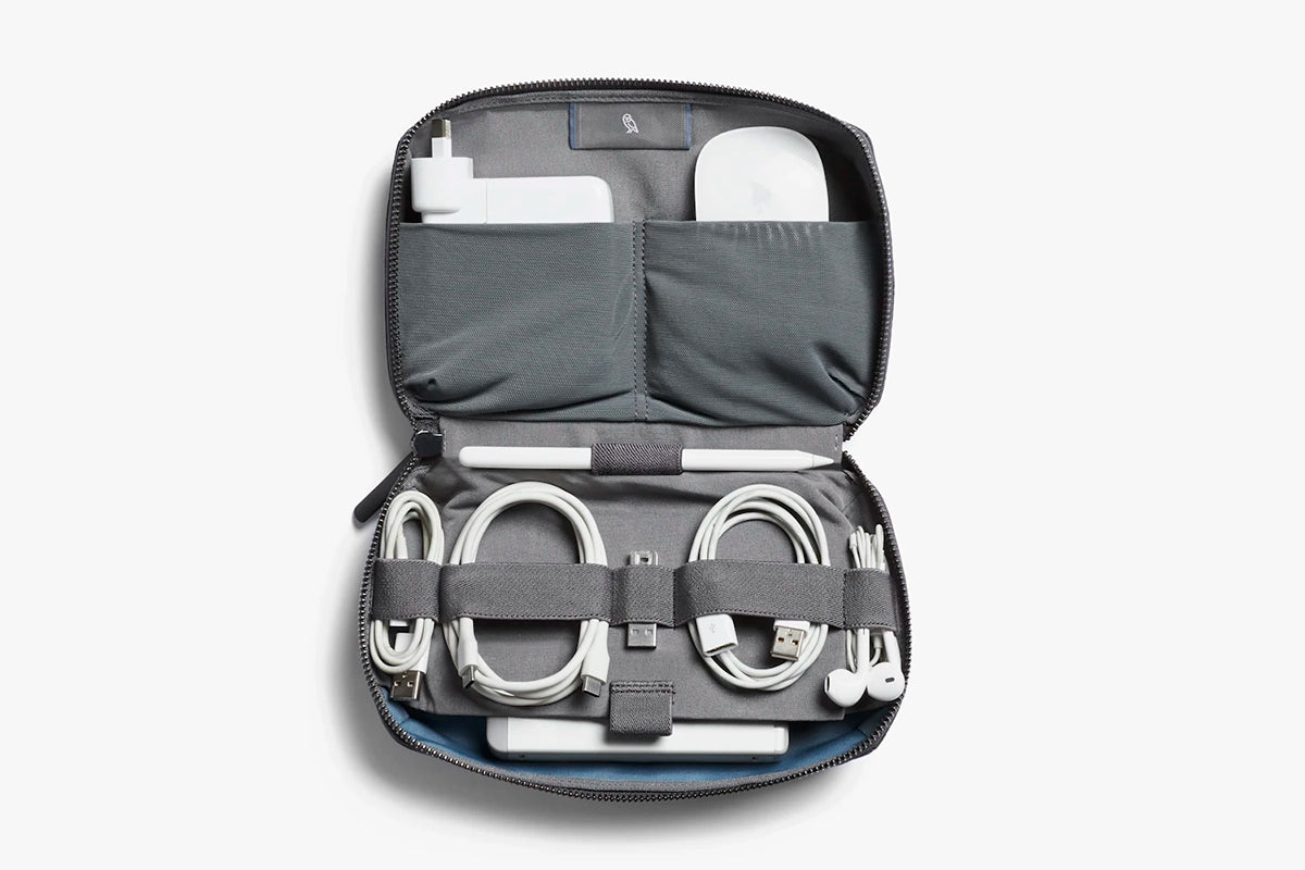 Bellroy Tech Kit in Black, open and filled position