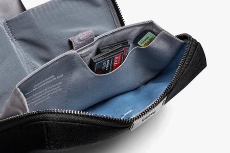 Bellroy Tech Kit in Black, open up close detail of pocket  position