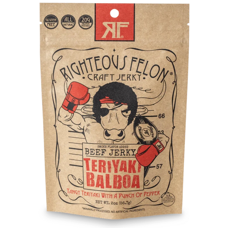 Righteous Felon TeriYaki Balboa Jerky in 2oz pouch Front View