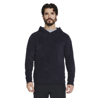 Navy terry hoodie, side profile with hand adjusting the hood - Terry Hoodie in Navy - The Simple Man