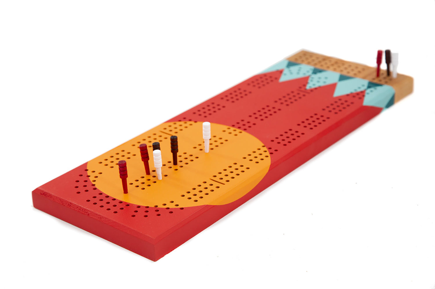 Tettegouche painted cherry wood cribbage board with pegs inserted, red and yellow design inspired by Minnesota.