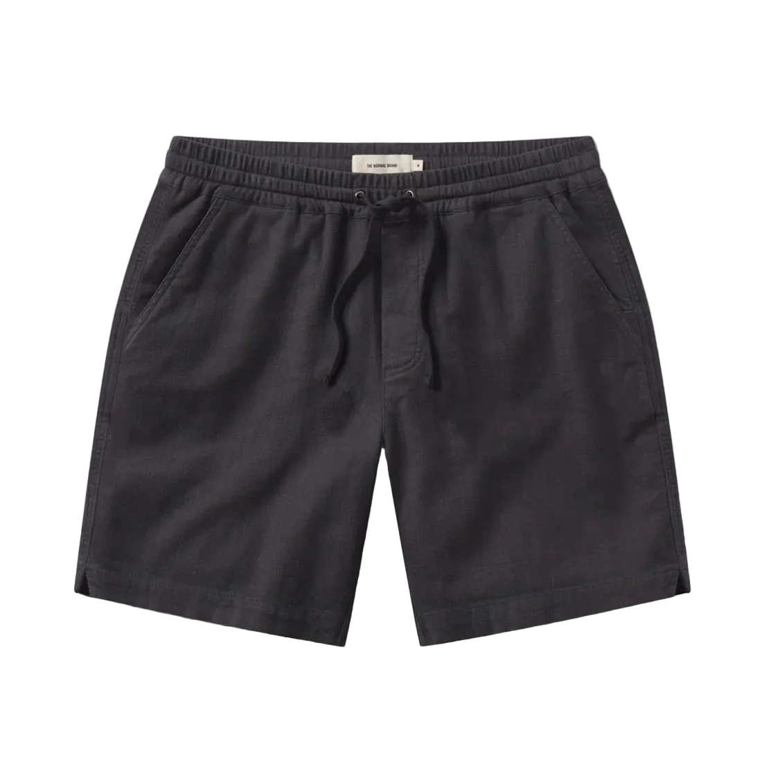 The Normal Brand Texstretch Summer Short Storm flat lay – 98% cotton 2% spandex twill slub weave elastic waist drawcord men's short white background