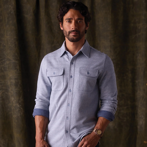 Man wearing Textured Knit Shirt in Vintage Blue, front facing portrait at The Simple Man
