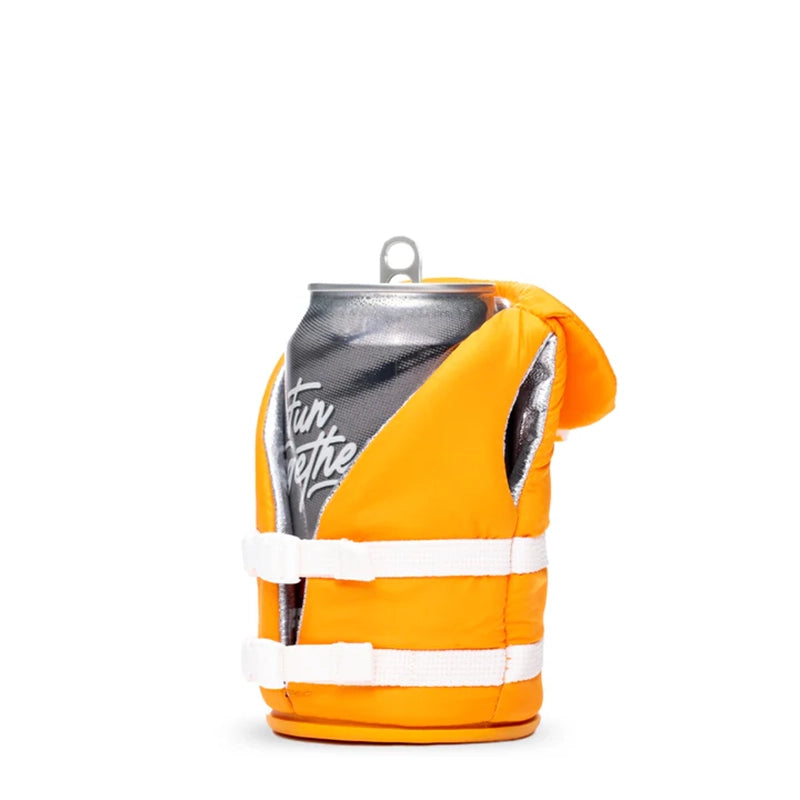 Buoy-style floating can cooler keeping drink standing upright