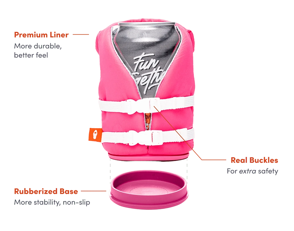 Buoy-style floating can cooler info graphic detailing product features