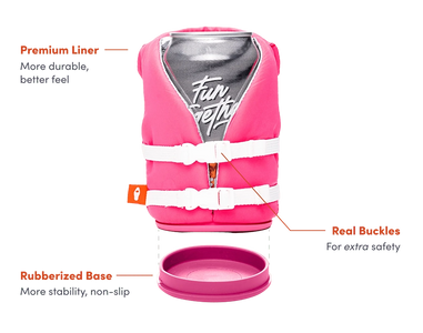 Buoy-style floating can cooler info graphic detailing product features