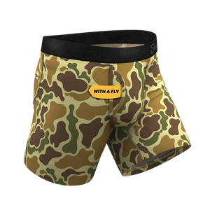 Side angle of duck camouflage boxer briefs featuring fly access

