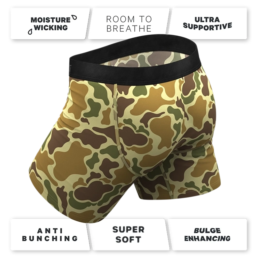 Rear view of duck camo boxer briefs with comfort, support, and softness callouts
